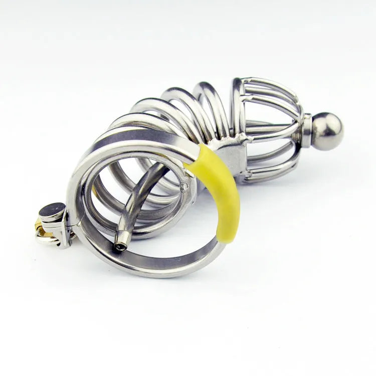 Male stainless steel chastity device with catheter and lock, available in multiple ring sizes from 38mm to 52mm