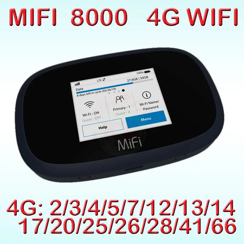 Black Full Network mifi8000 4G portable wireless router with battery and USB cable on a table