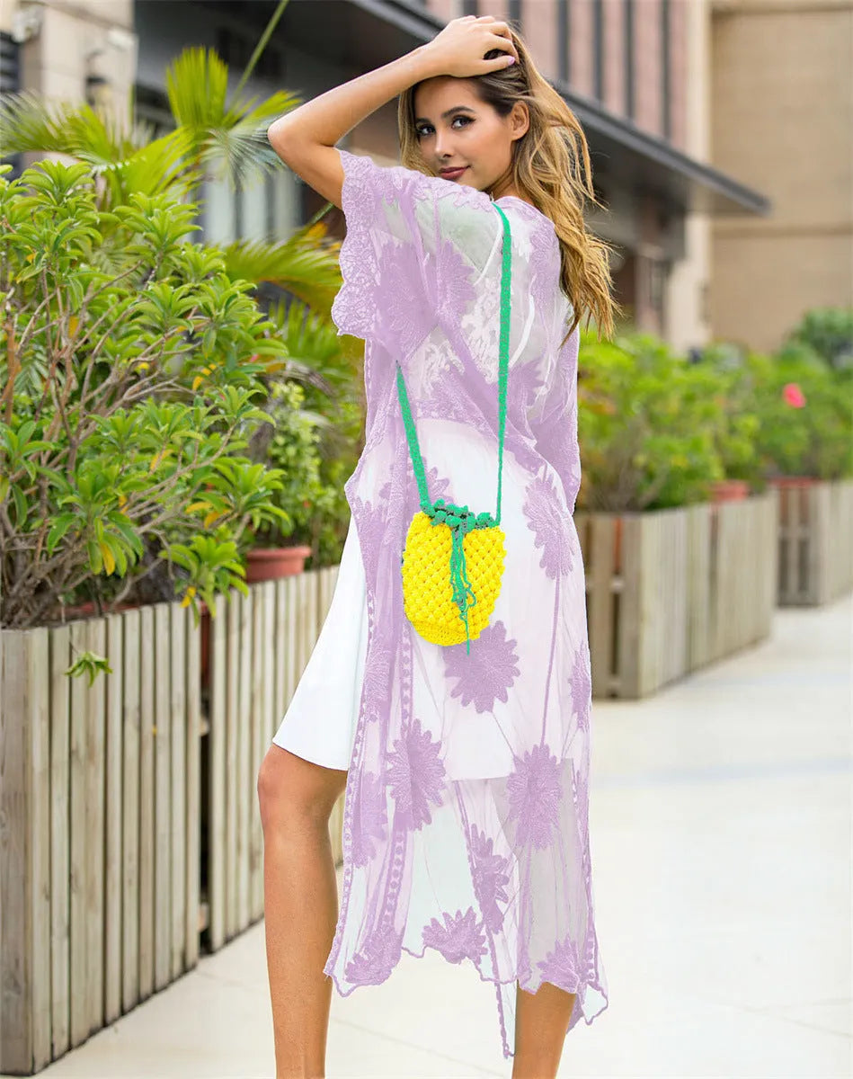 Light purple women's beach cover-up dress with cotton lining, shown as a cardigan-style swimsuit outer layer.