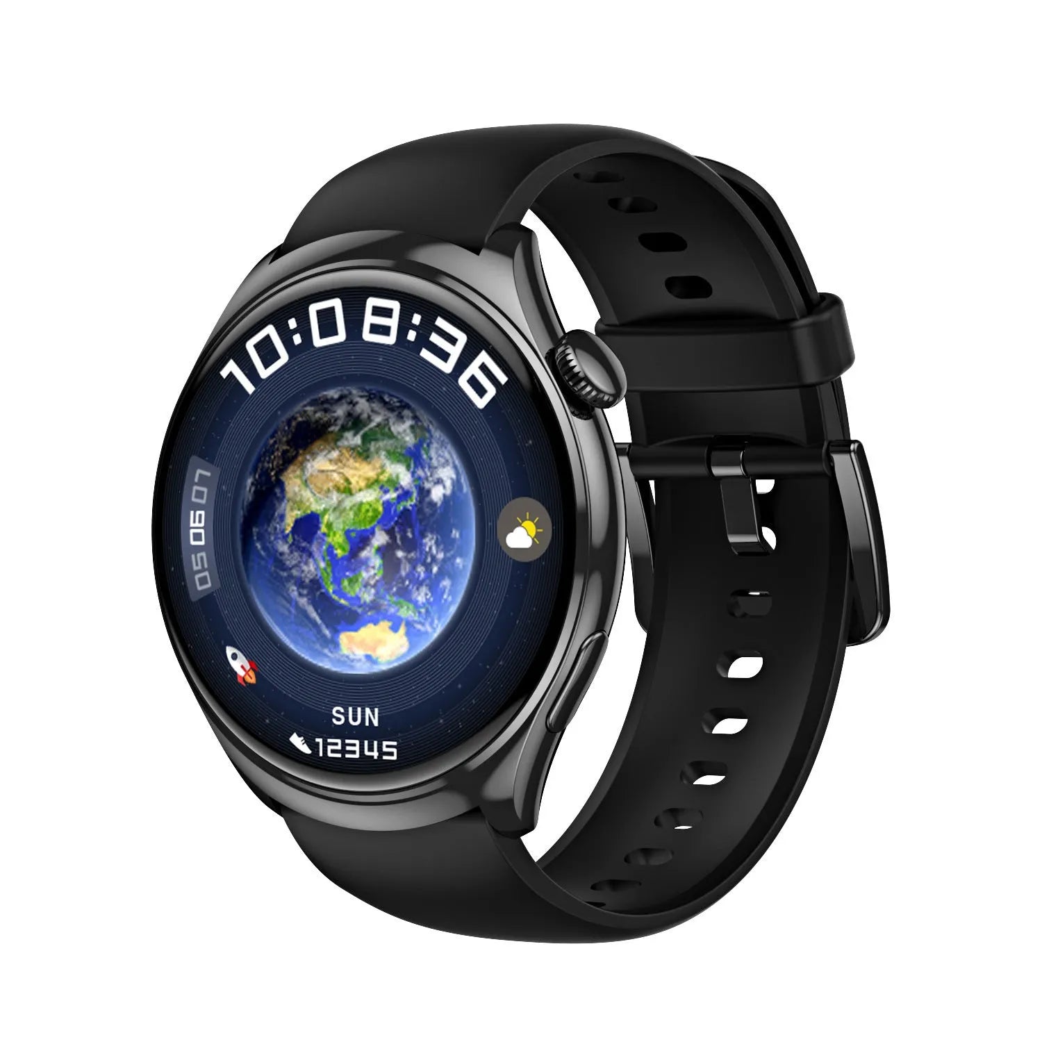 Smart watch with AMOLED screen, heart rate sensor, black silicone band, and wireless charging base