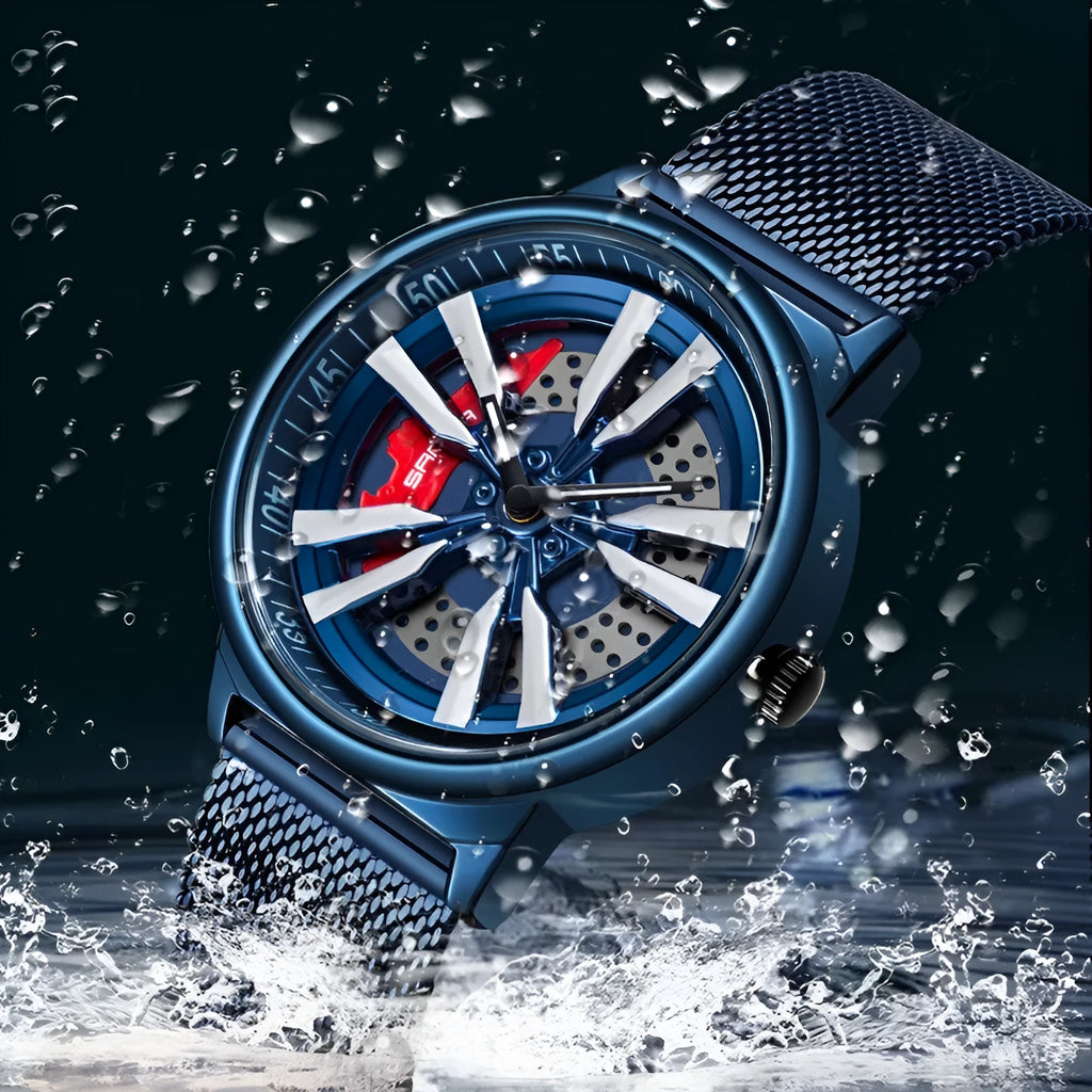 Men's creative cool rotating wheel quartz watch with 44mm dial, mineral glass, and alloy case on a blue mesh strap