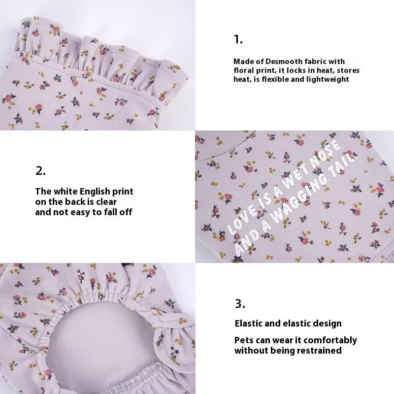 Apricot and light purple floral skirt and undershirt set for small dogs on a white background