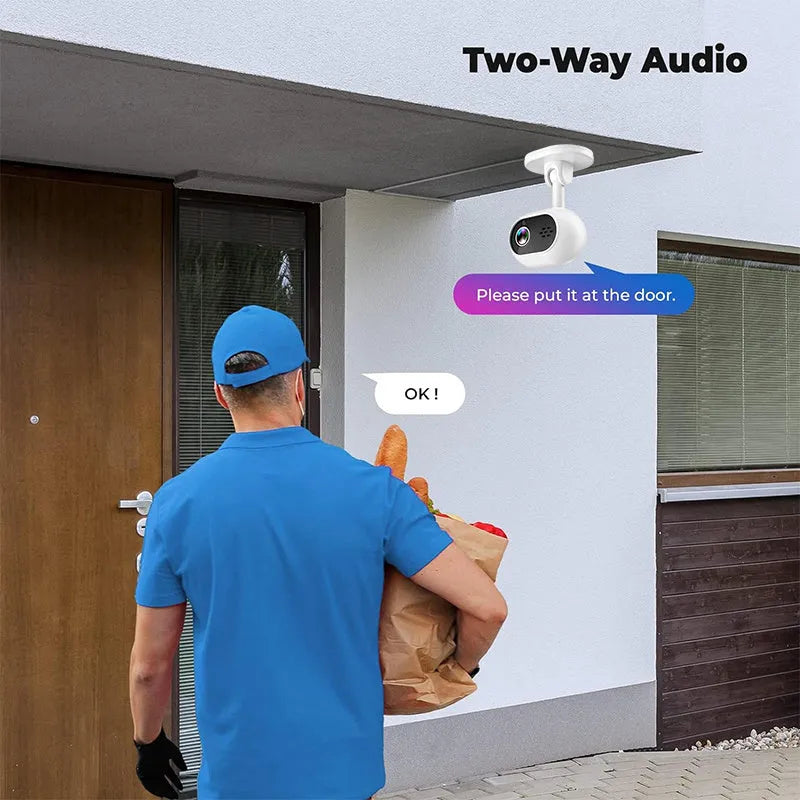 White 1080P HD mini WiFi camera with night vision, compact design for indoor monitoring.