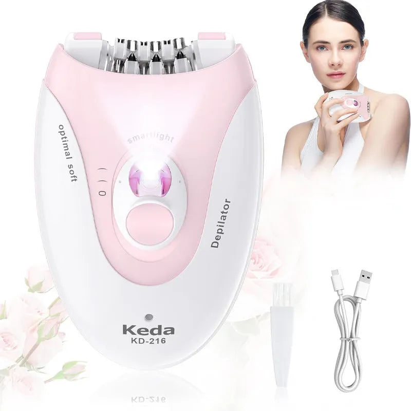 KEDA-216 coloured portable electric epilator with USB charger and cleaning brush on white background