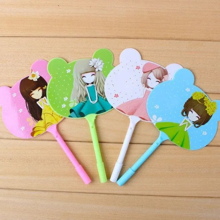 Fan-shaped promotional ballpoint pen with character refill showing 19.5cm length and 0.5mm nib