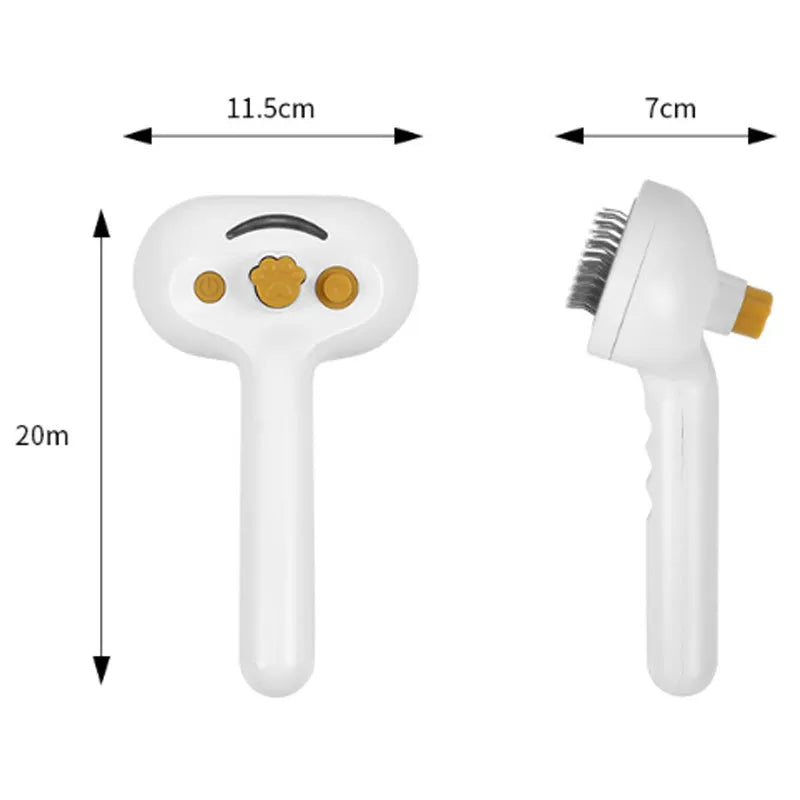White pet grooming brush with steam spray function and self-cleaning mechanism