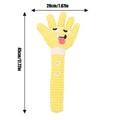 Yellow palm-shaped squeaky plush dog teething toy with bite-resistant fabric, soft texture, and compact size for puppy chewing play