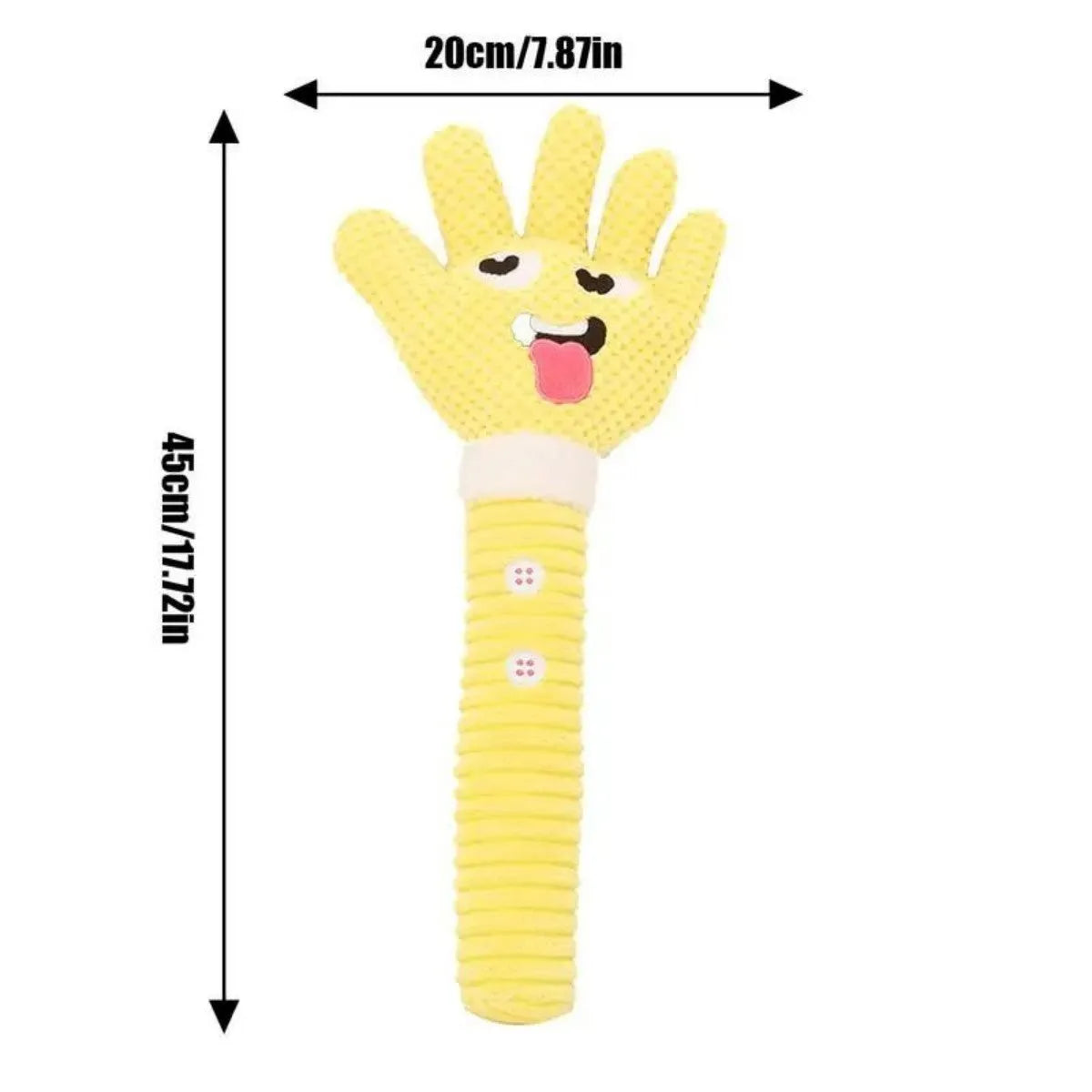Yellow palm-shaped squeaky plush dog teething toy with bite-resistant fabric, soft texture, and compact size for puppy chewing play