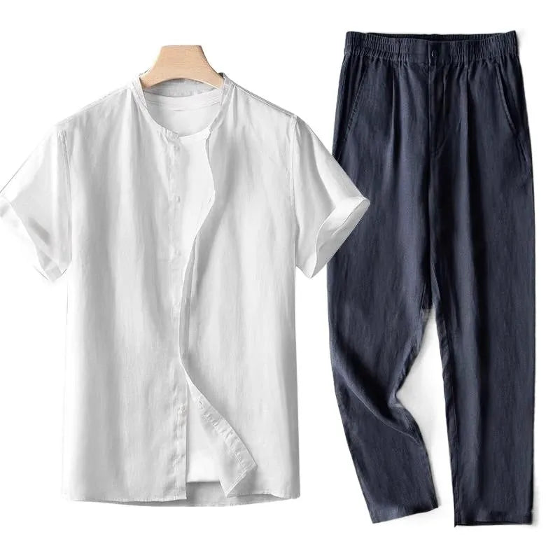 Men's retro thin long sleeve linen Tang suit outfit two-piece set with trousers in flaxen dark blue colour combination on model
