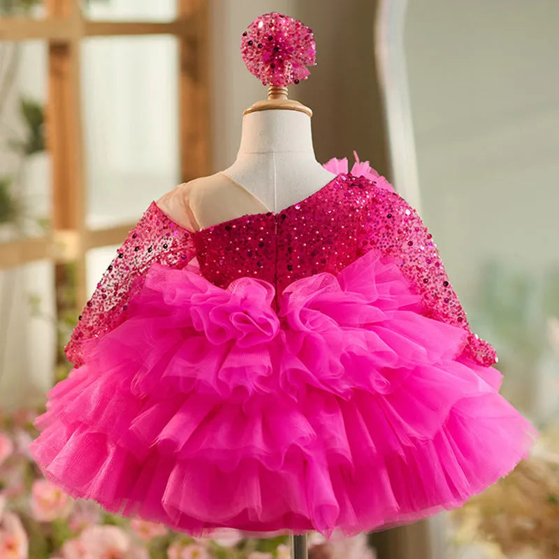 Rose red polyester baby dress with round neck and short sleeves for toddlers