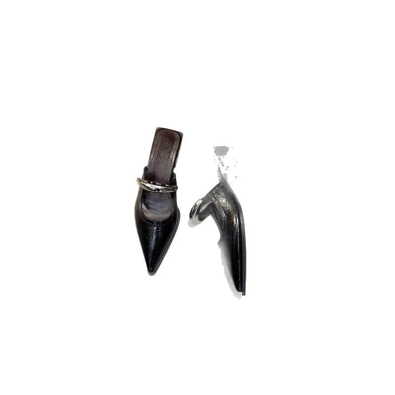 Women's closed toe half slippers with metal buckle, French style, silver colour, PU upper, rubber sole