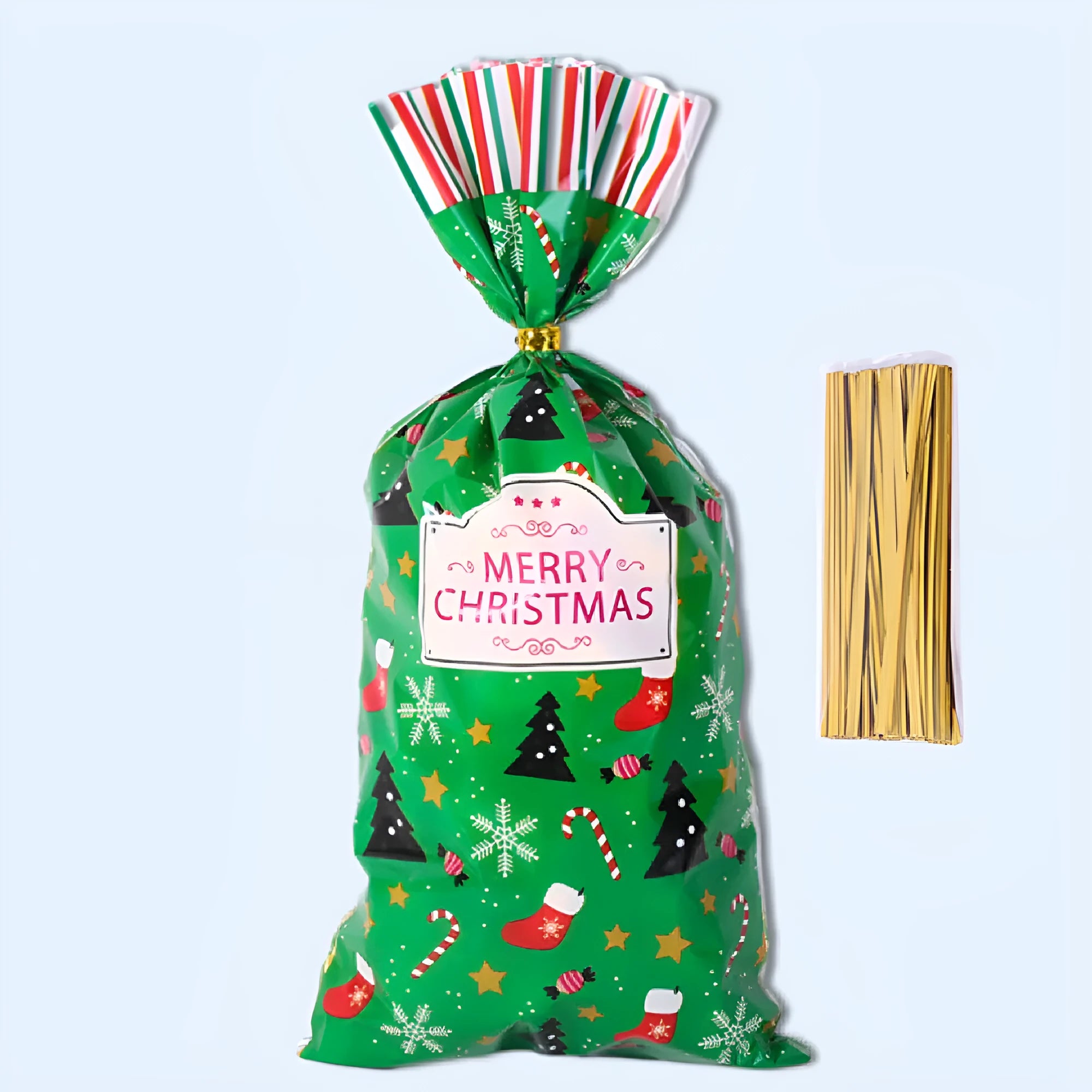 50 clear OPP Christmas gift tying bags 13x27cm flat, with red and green designs