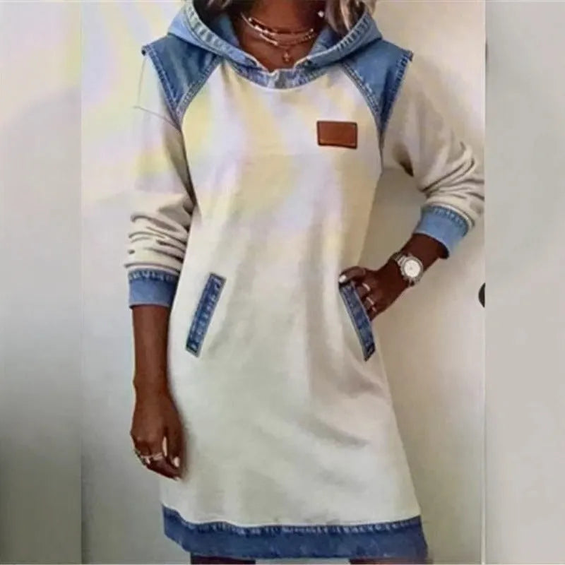 Color matching ladies hoodie skirt fake two piece dress with raglan sleeves in navy blue