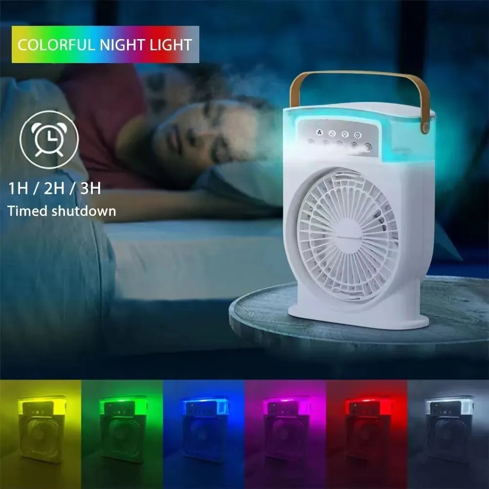 Portable USB air conditioner cooling fan with 7 colour LED lights and 600ml water tank in white