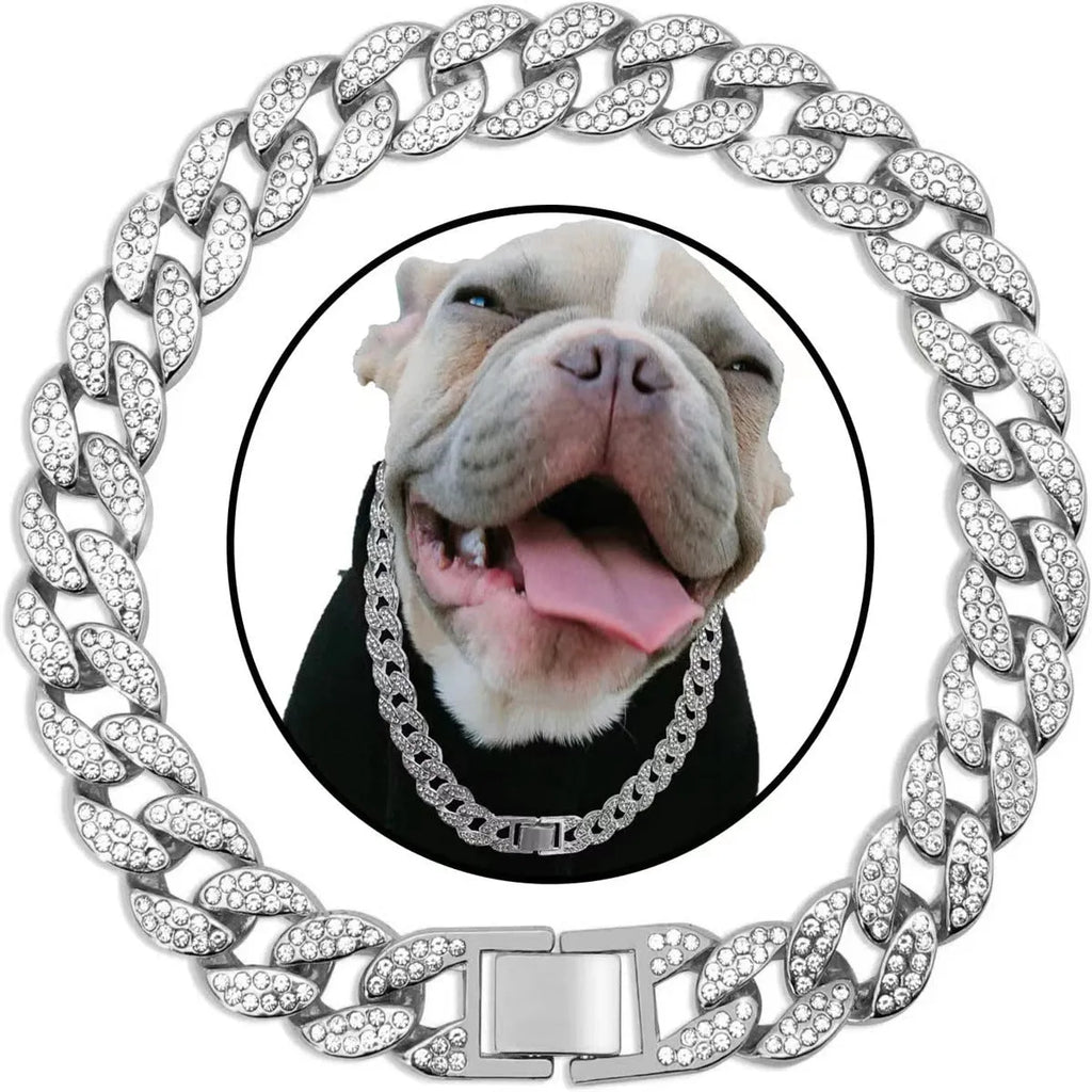 Pet dog collar necklace with diamond-style detailing, Cuban link chain, gold or silver, 20cm to 70cm