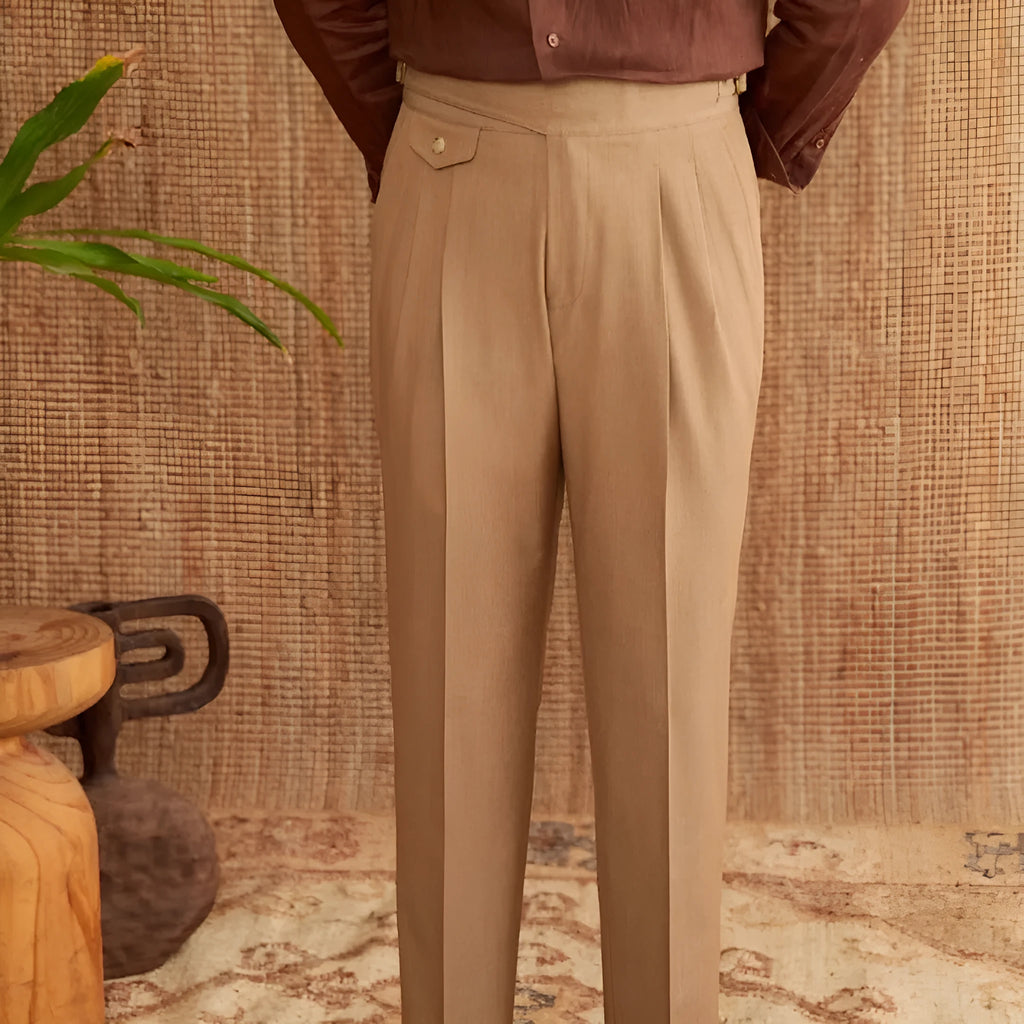 Men's slim fit straight leg business trousers in dark grey polyester fabric.