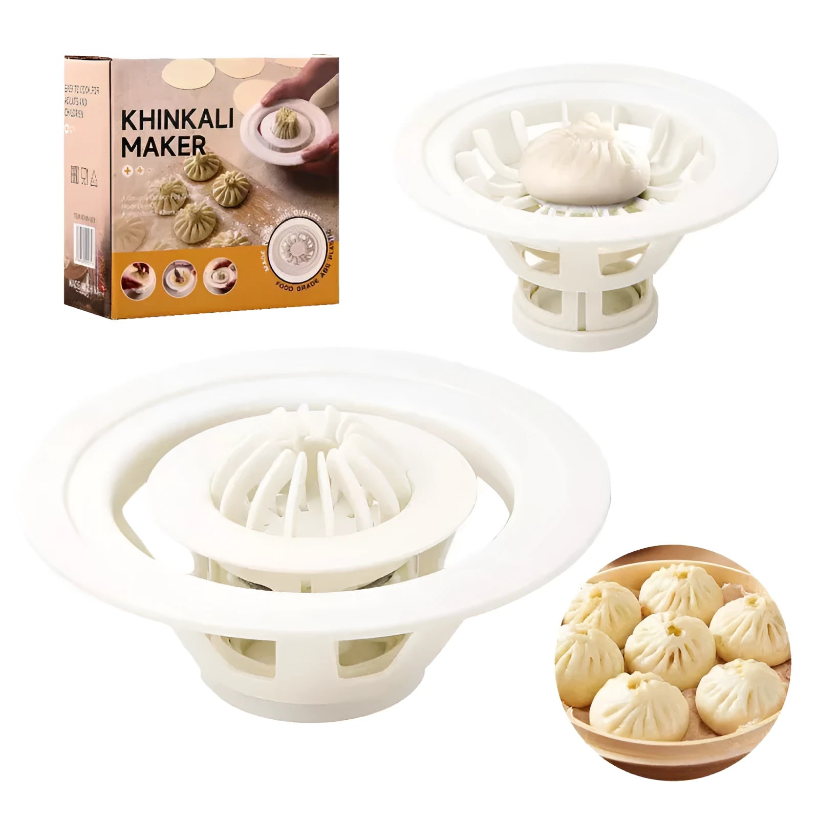Black Jinkali four-piece set of steamed bun and dumpling moulds on a kitchen surface
