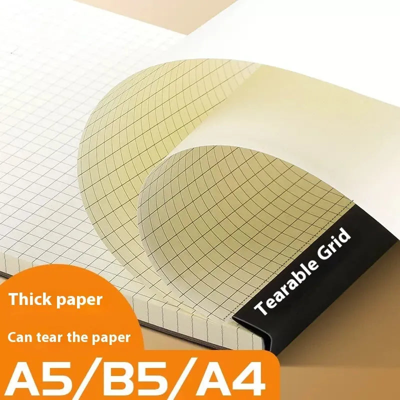 Set of A5, B5 and A4 writing pads showing blank, grid and horizontal line page styles.