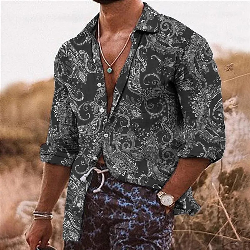 Men's loose-fit long sleeve shirt with 3D floral pattern printing in lightweight polyester fabric