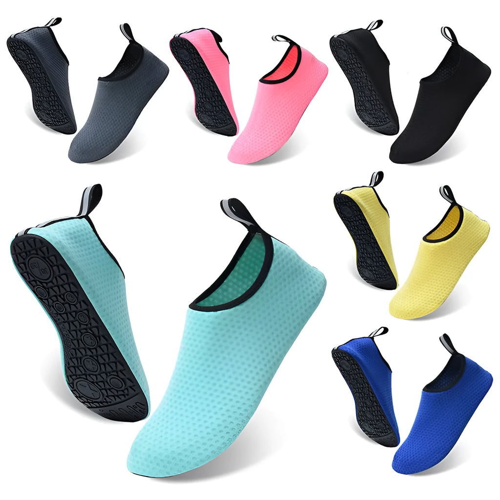 Adult unisex non-slip beach shoes in mesh fabric with elastic band and TPR sole.