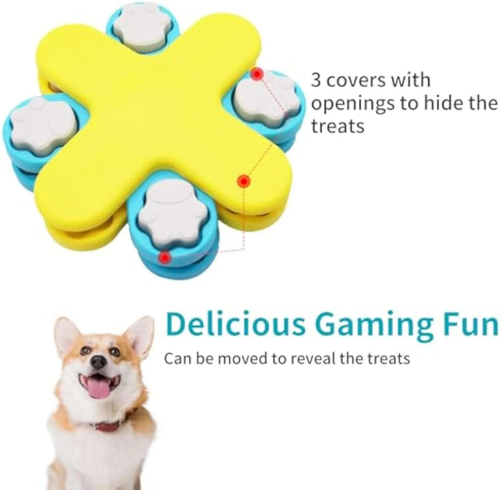 Yellow three-layer rotating dog puzzle feeder toy with anti-slip rubber pads on base