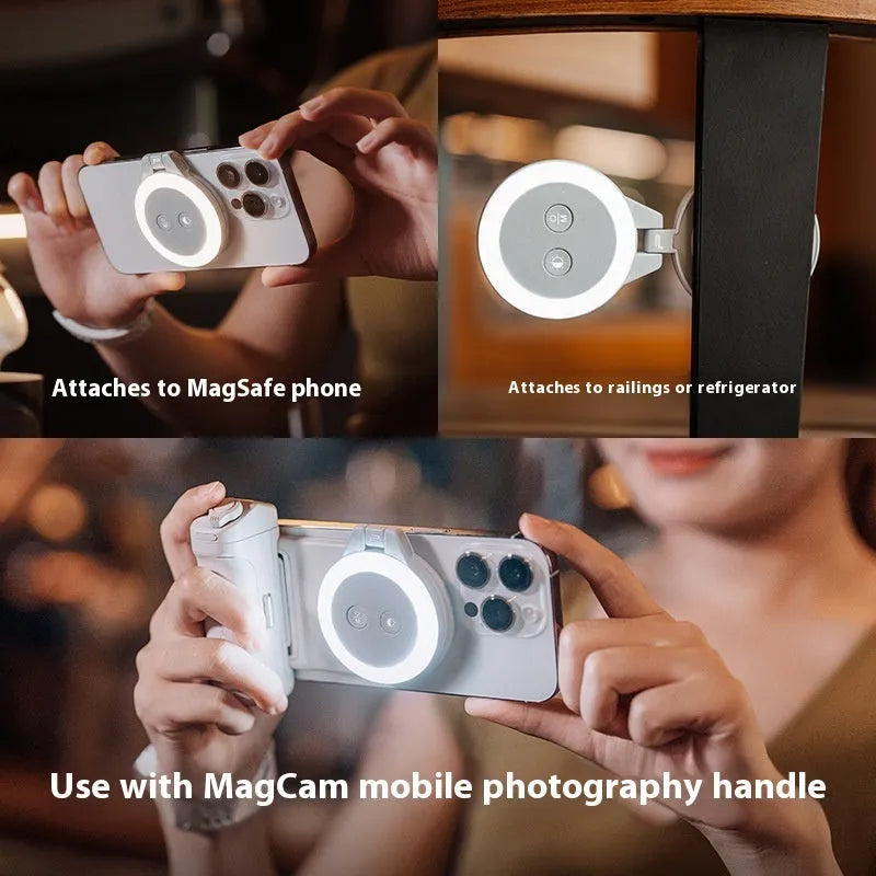 Magnetic portable mobile phone fill-in light in classic black, 13.5cm ABS PC body with Type-C charging port