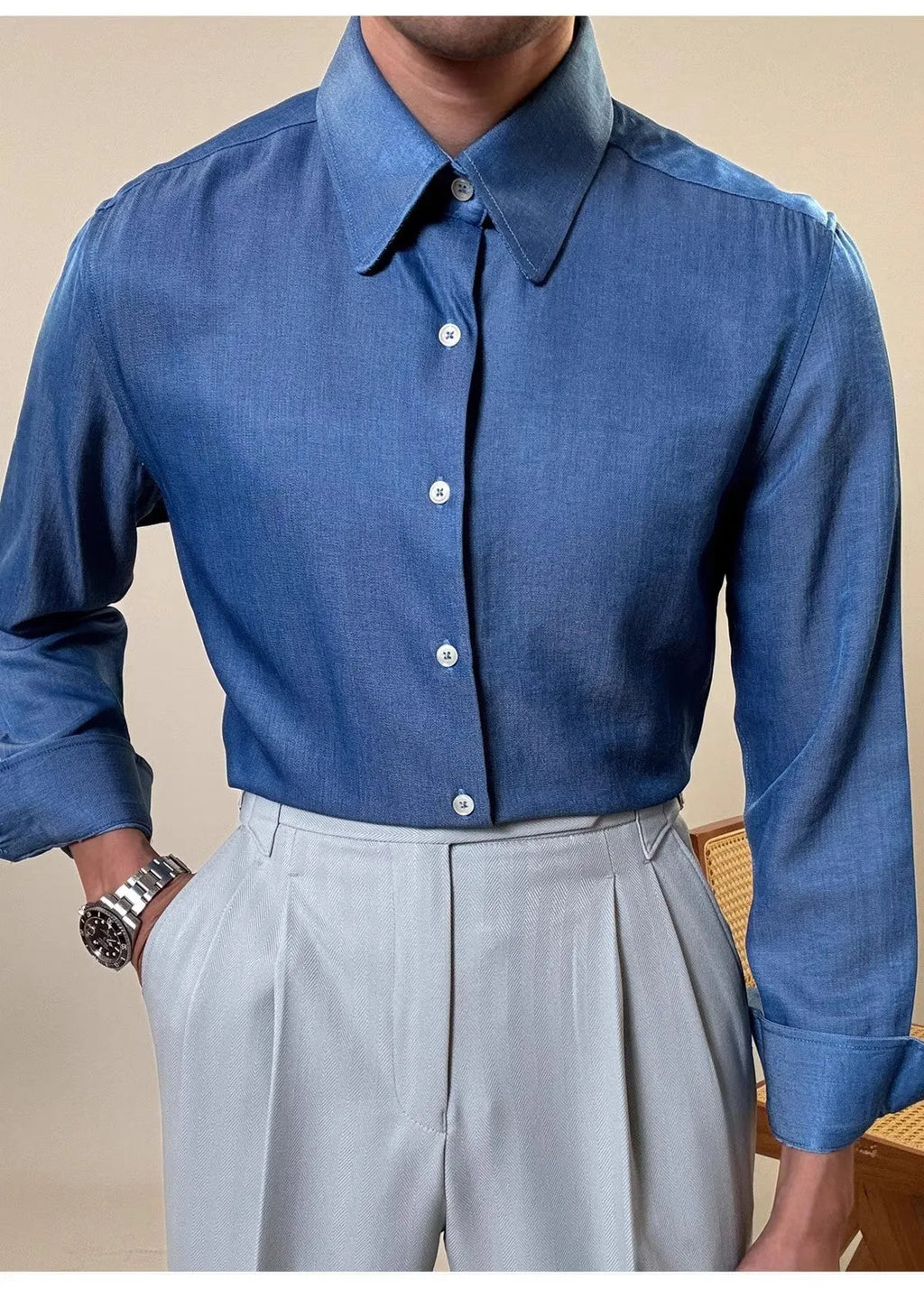 Men's slim fit long sleeve shirt in blue with round collar for business casual wear