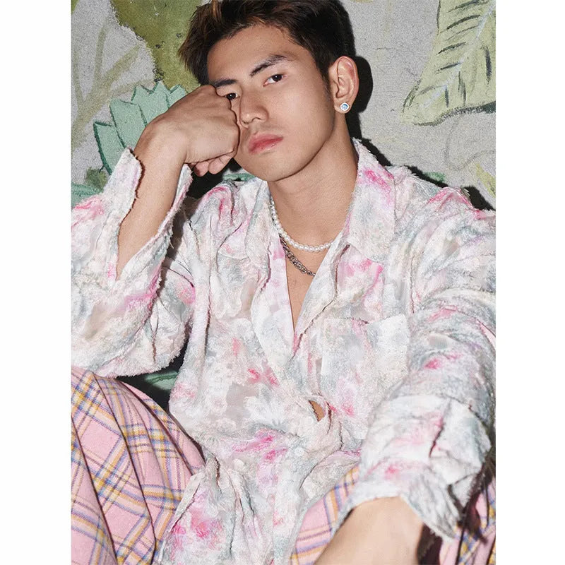 Loose fit floral long sleeve shirt with embossed three-dimensional pattern in pink colour