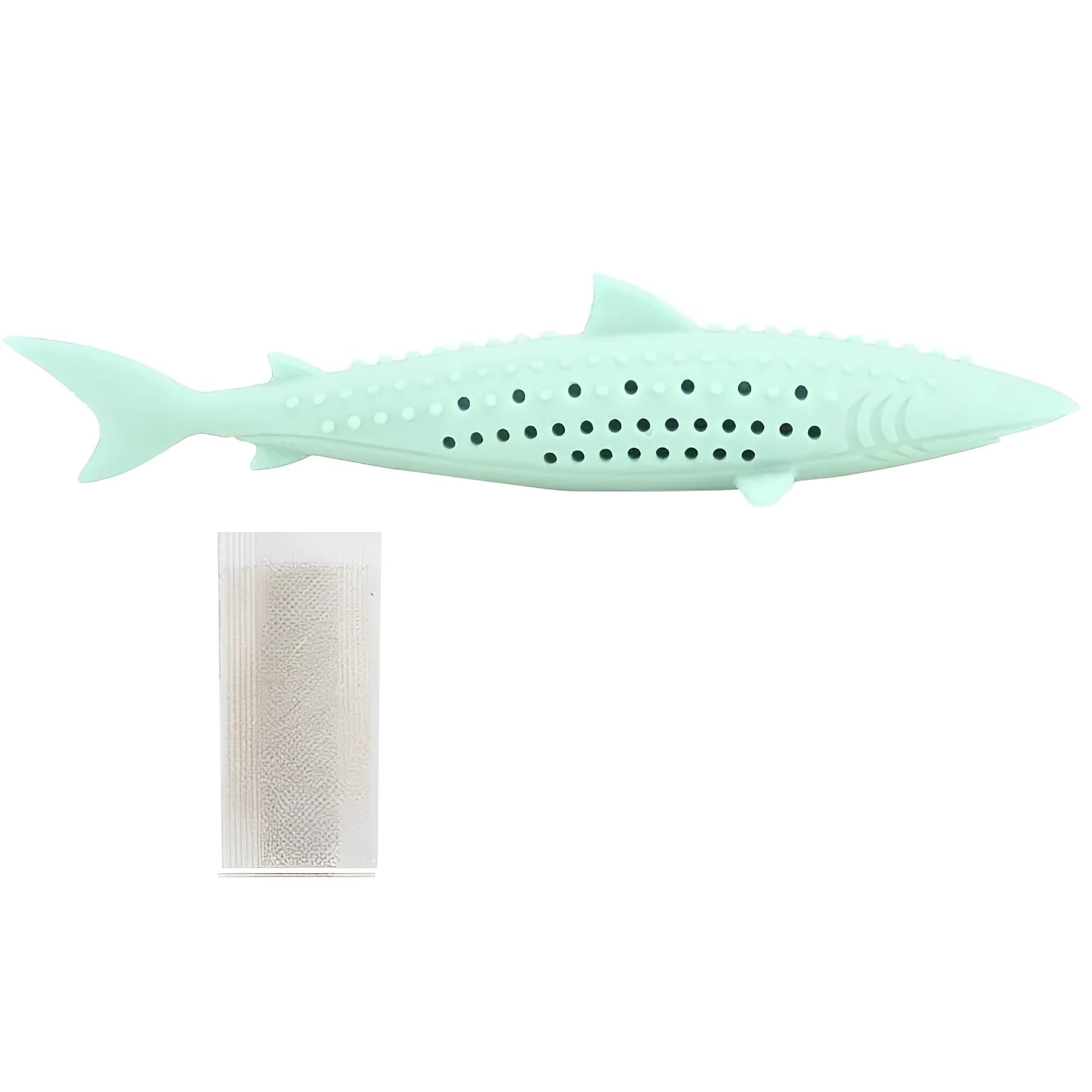 Green silicone fish-shaped cat chew toy with breathable side holes