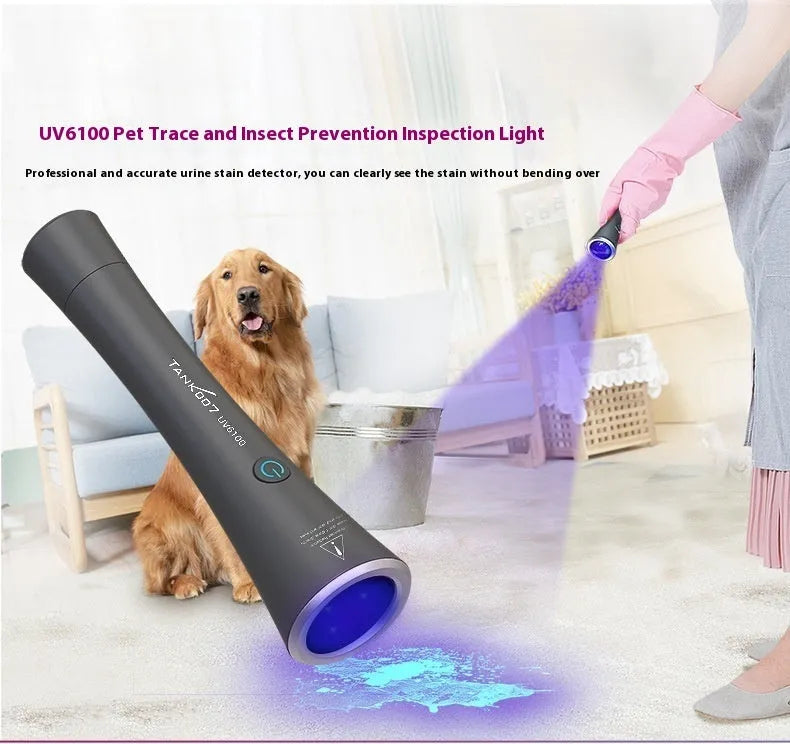 Black aluminium UV flashlight with USB-C port for detecting pet urine stains and insects.