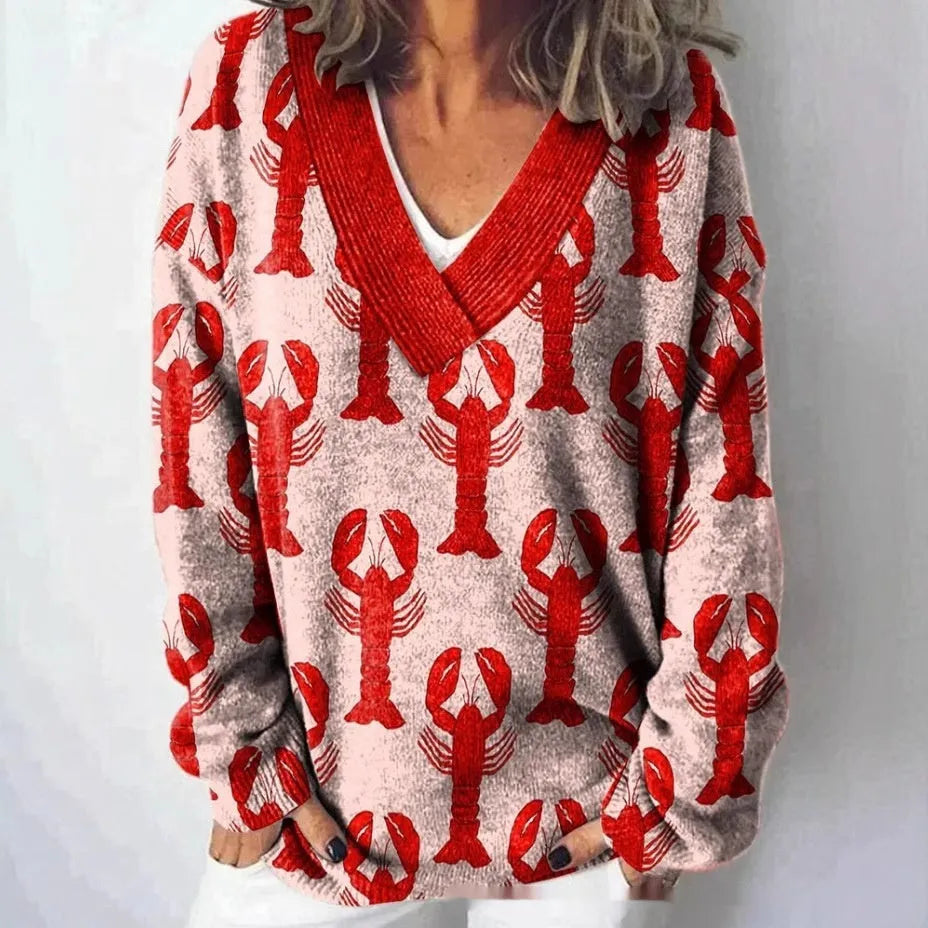 Women's V-neck floral print sweatshirt with 3D effect and long sleeves in an art retro style.