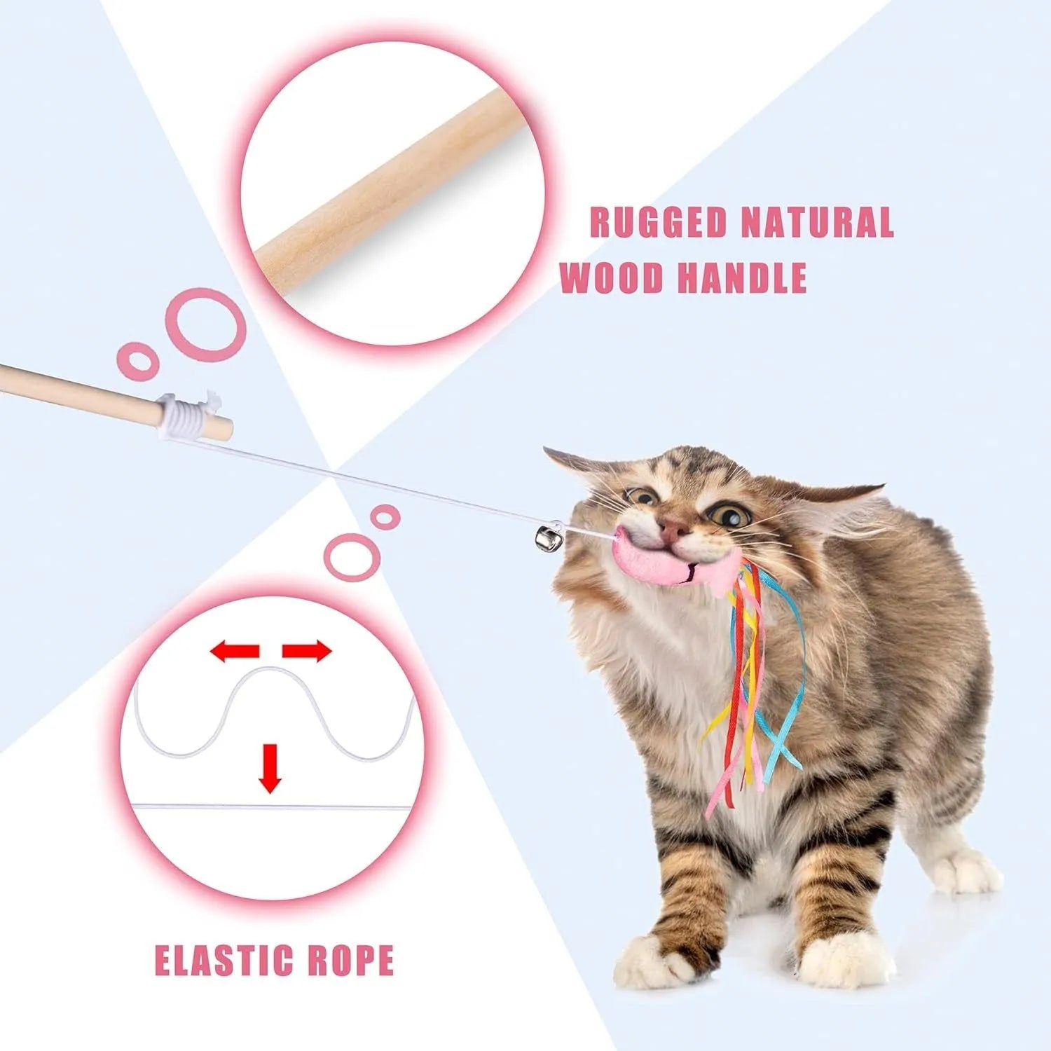 Colourful cat wand toy with ribbons, catnip fish, and bell on a wooden handle for indoor cats