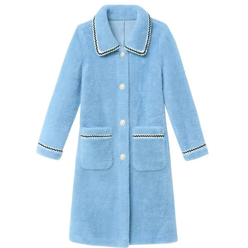 Women's mid-length faux mink fleece coat in blue, straight cut, 3D effect, polyester, no fur collar