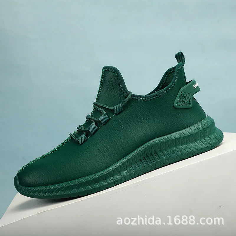 Men's sports casual low top artificial leather shoes in black, brown, green, and white on a white background