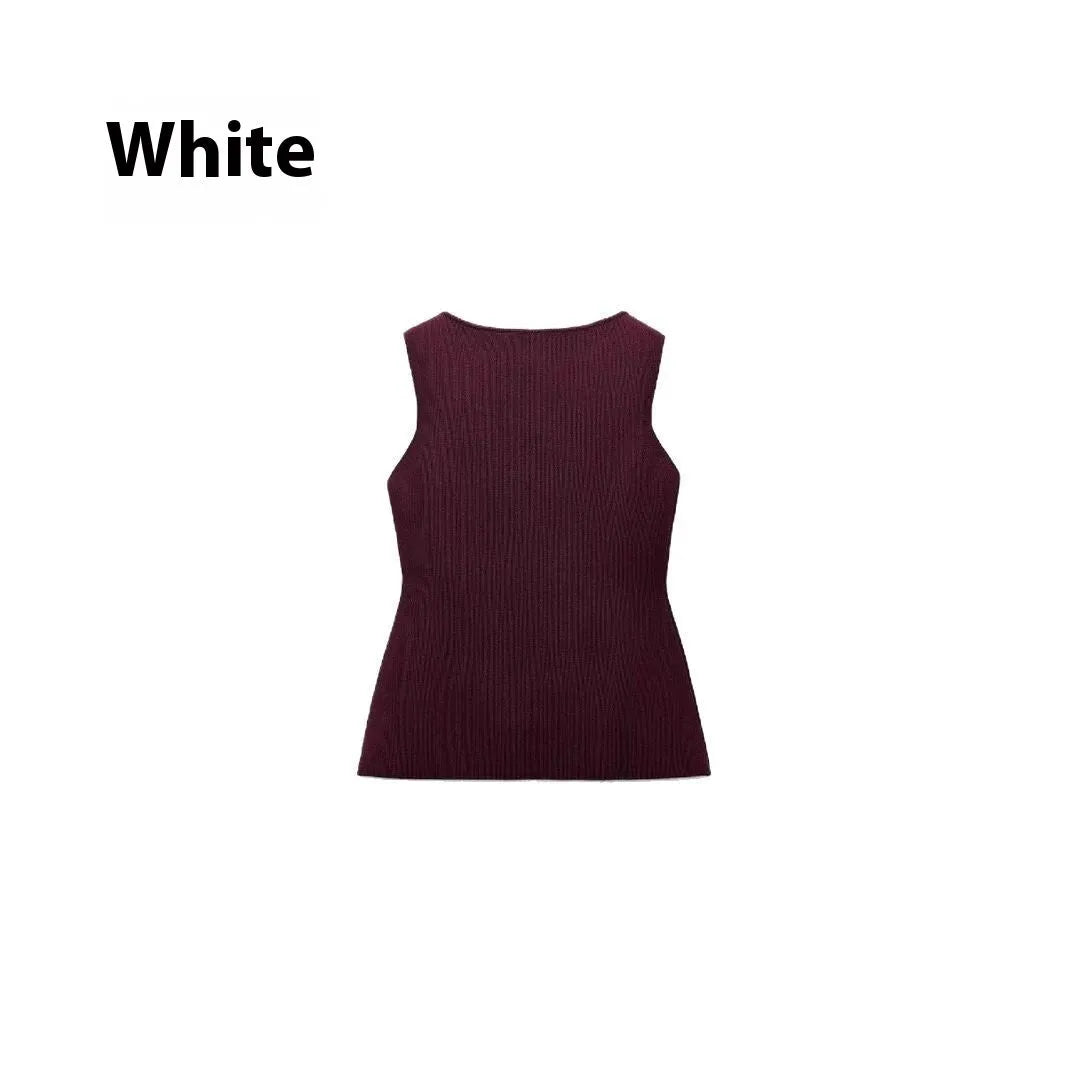 Dark red women's sweater vest with gold buttons and 3D patterns, V-neck slim fit design