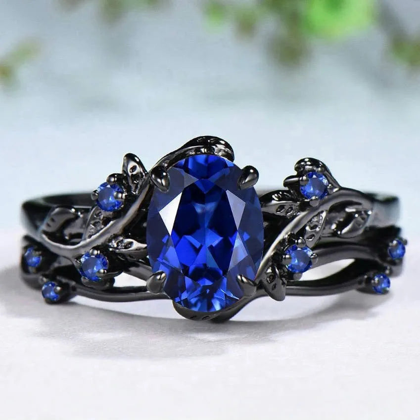 Gun black copper women ring with navy blue rhinestone inlay geometric shape
