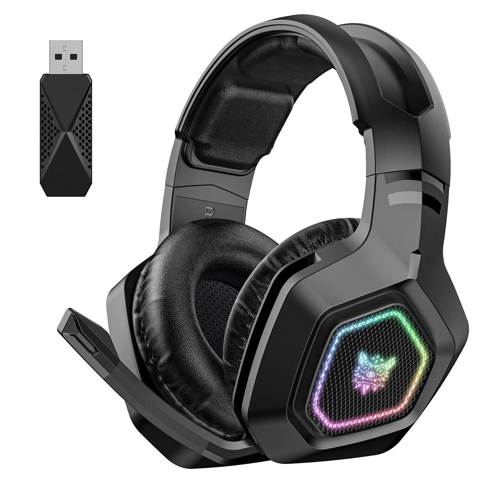 Wireless gaming headset with RGB luminous lighting, Bluetooth and 2.4G connectivity, in black