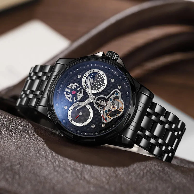 Men's automatic waterproof luminous watch with steel case and choice of leather or metal strap.