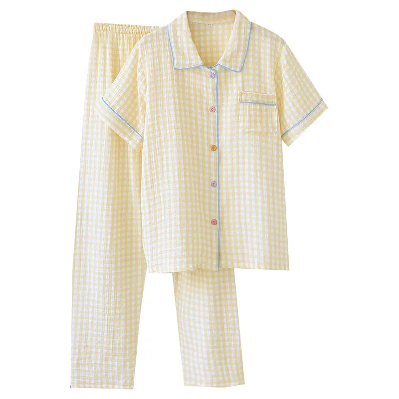 Women's yellow plaid cotton gauze short-sleeved top and trousers casual loose outfit set.