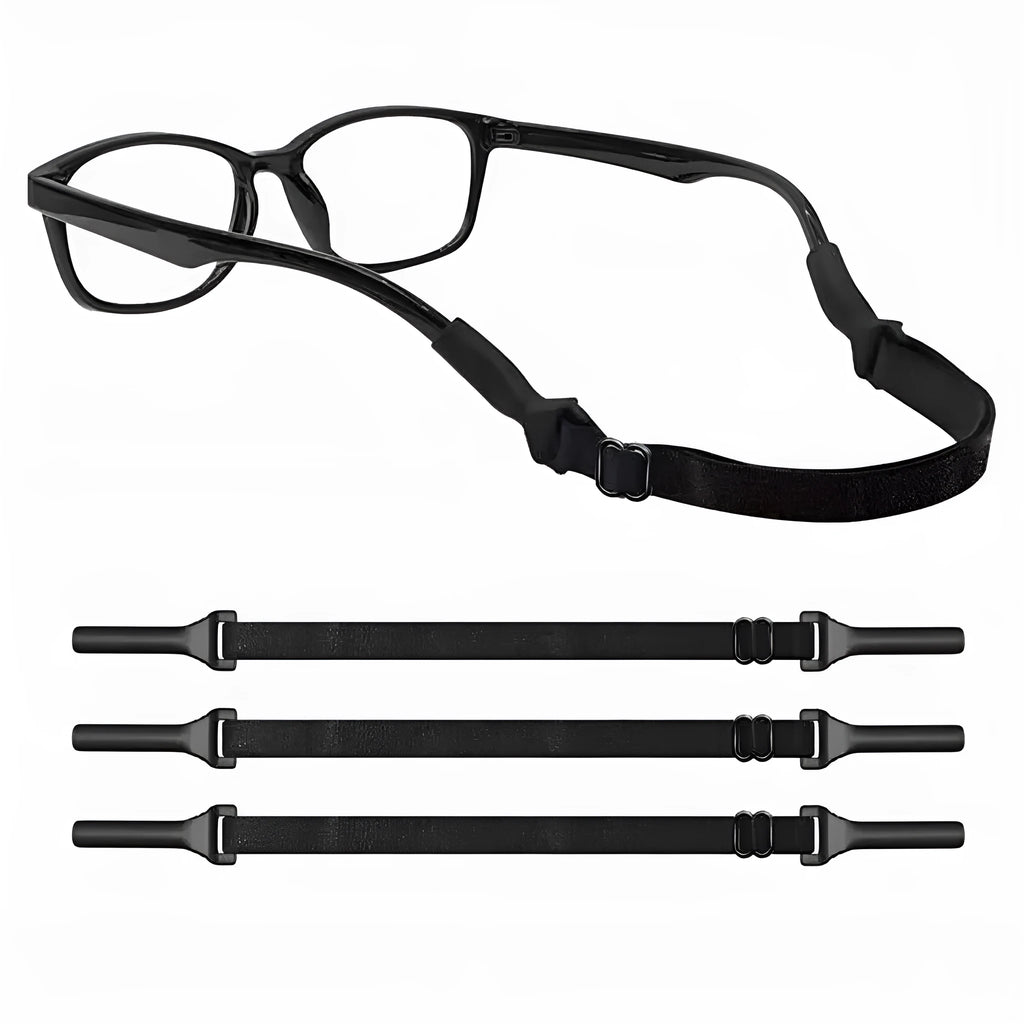Black adjustable glasses cord with silicone earpiece attachments for anti-slip eyewear security