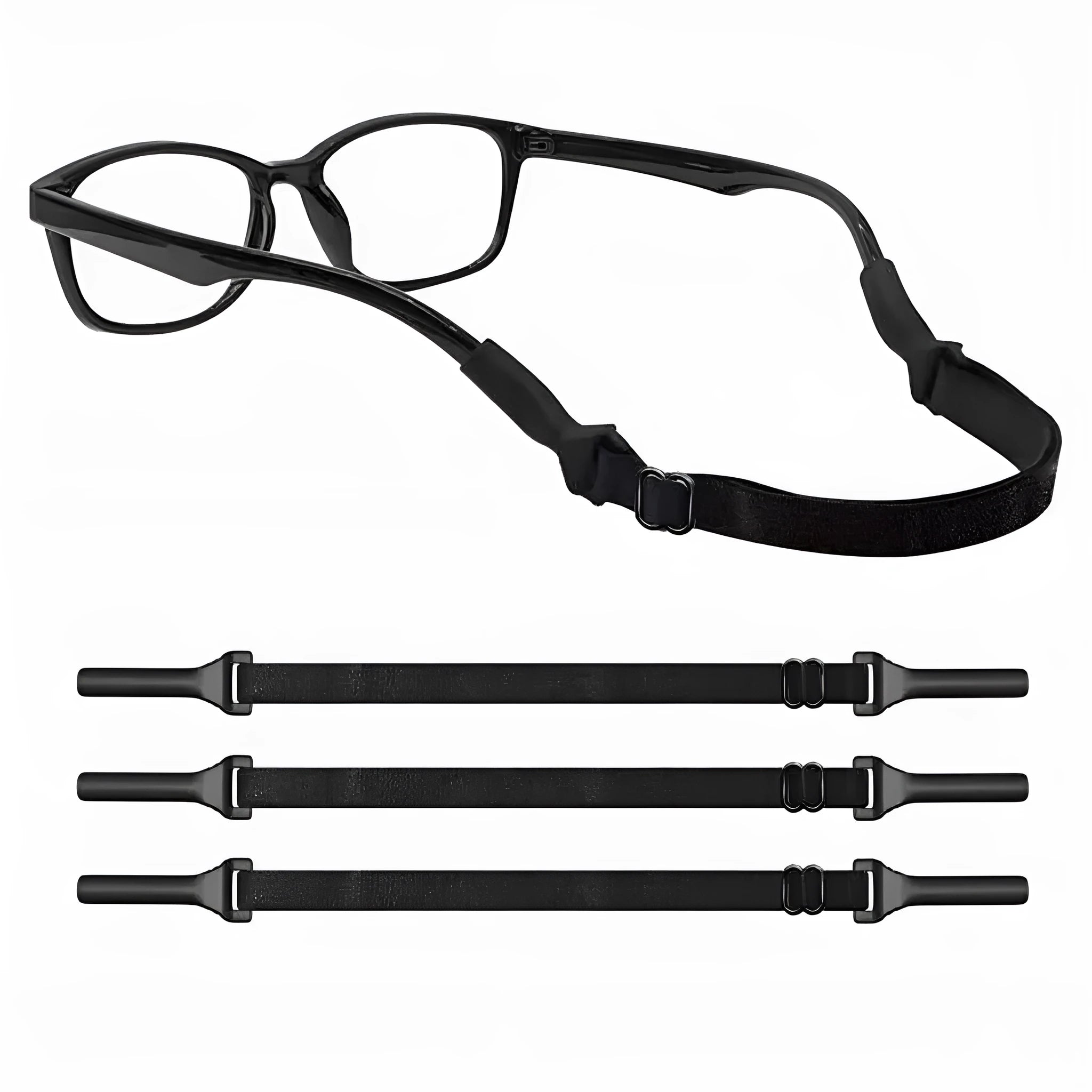 Black adjustable glasses cord with silicone earpiece attachments for anti-slip eyewear security