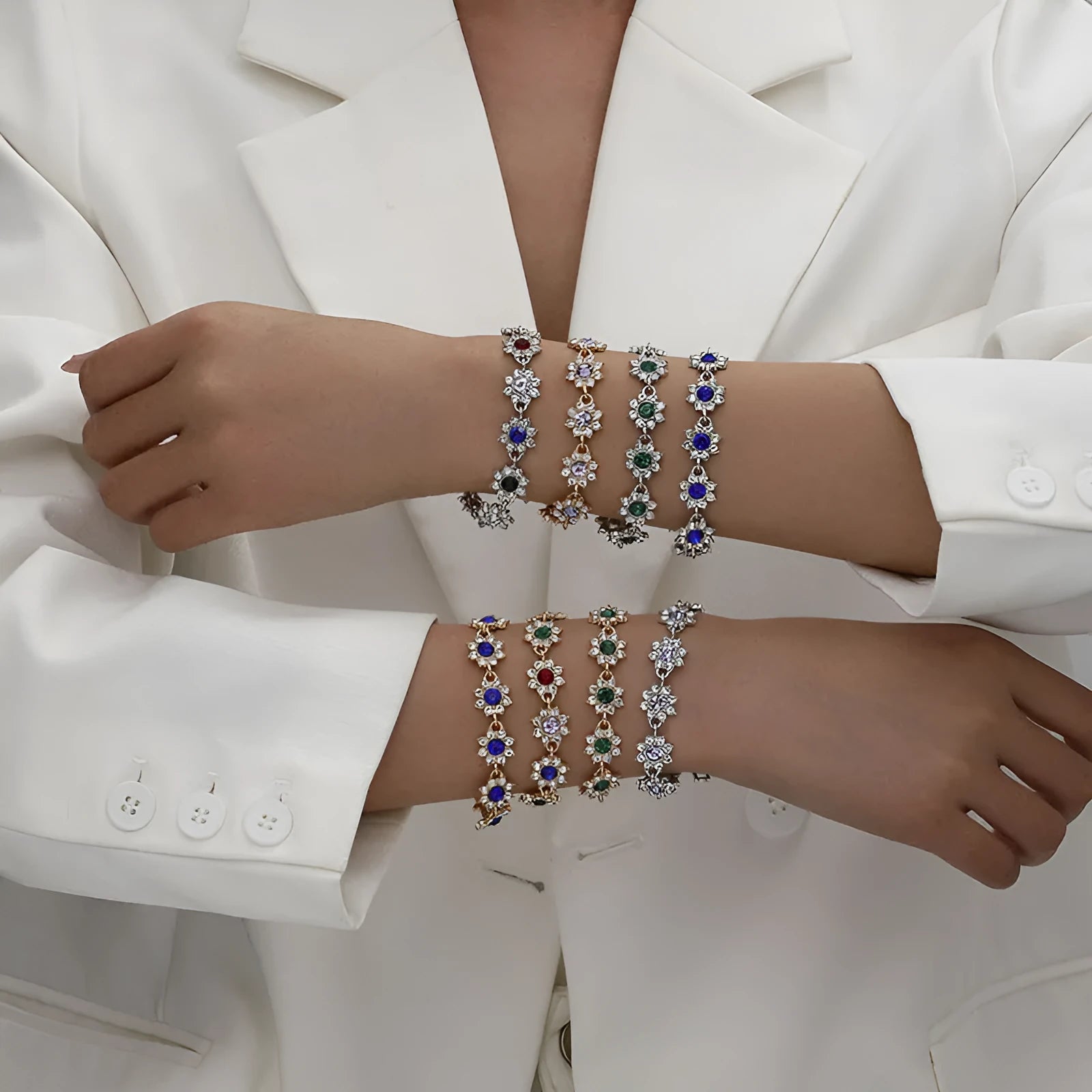 Zinc alloy electroplated flower bracelet with colourful crystal designs on wrist