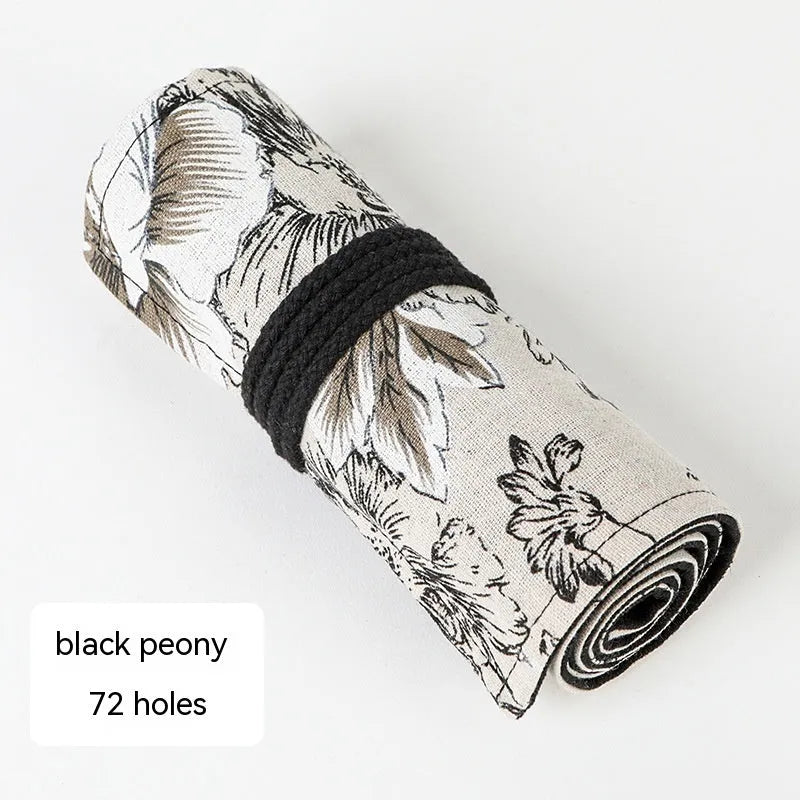 Japanese printed canvas rolling pencil case with Black Peony pattern, square shape, cotton and linen fabric, multiple hole sizes for pens