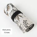 Japanese printed canvas rolling pencil case with Black Peony pattern, square shape, cotton and linen fabric, multiple hole sizes for pens