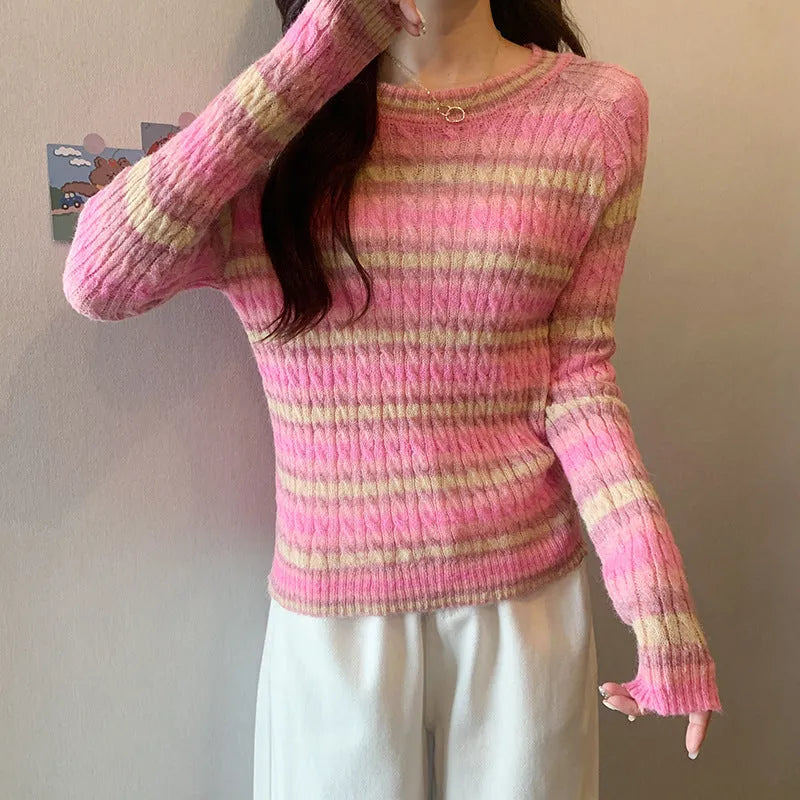 Striped round neck pullover sweater for women slim fit long sleeve embossing knit in pink