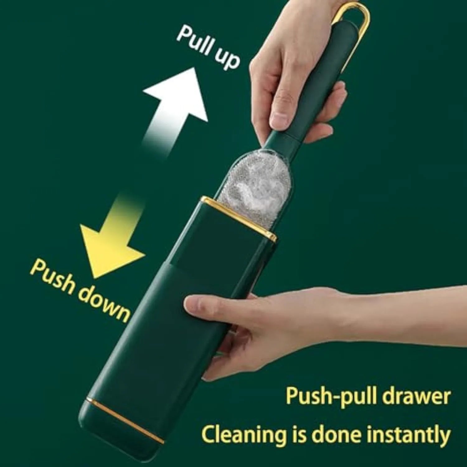 Double-sided pet hair removal brush in blue, green, or white colours with self-cleaning storage box