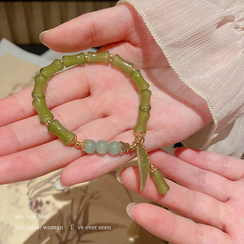 Chinese style bamboo leaf glass bracelet for women with manual craftsmanship.