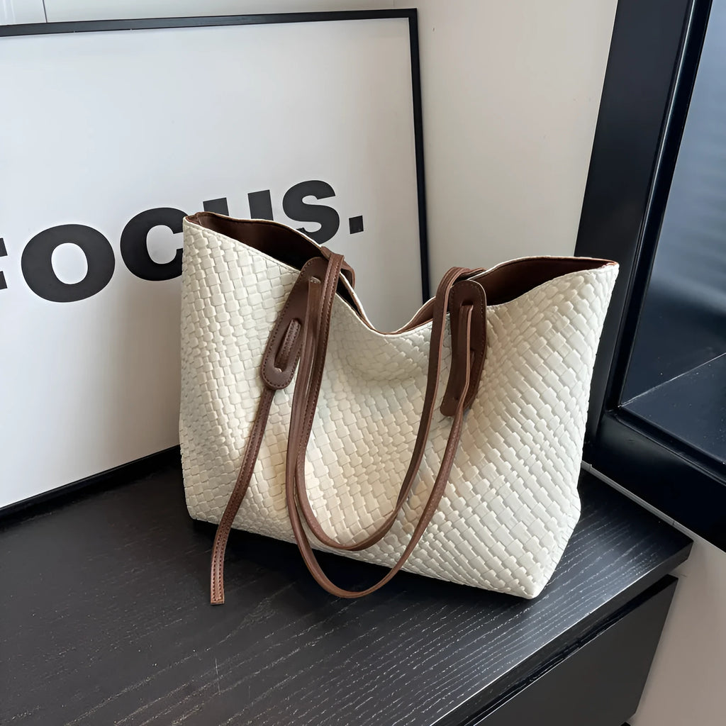 Large capacity PU woven bag for women in khaki colour with sandwich pocket and mobile phone pocket