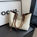Large capacity PU woven bag for women in khaki colour with sandwich pocket and mobile phone pocket