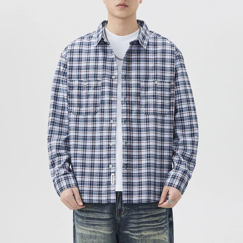 Mens blue grid plaid cotton long sleeve shirt loose fit cardigan coat